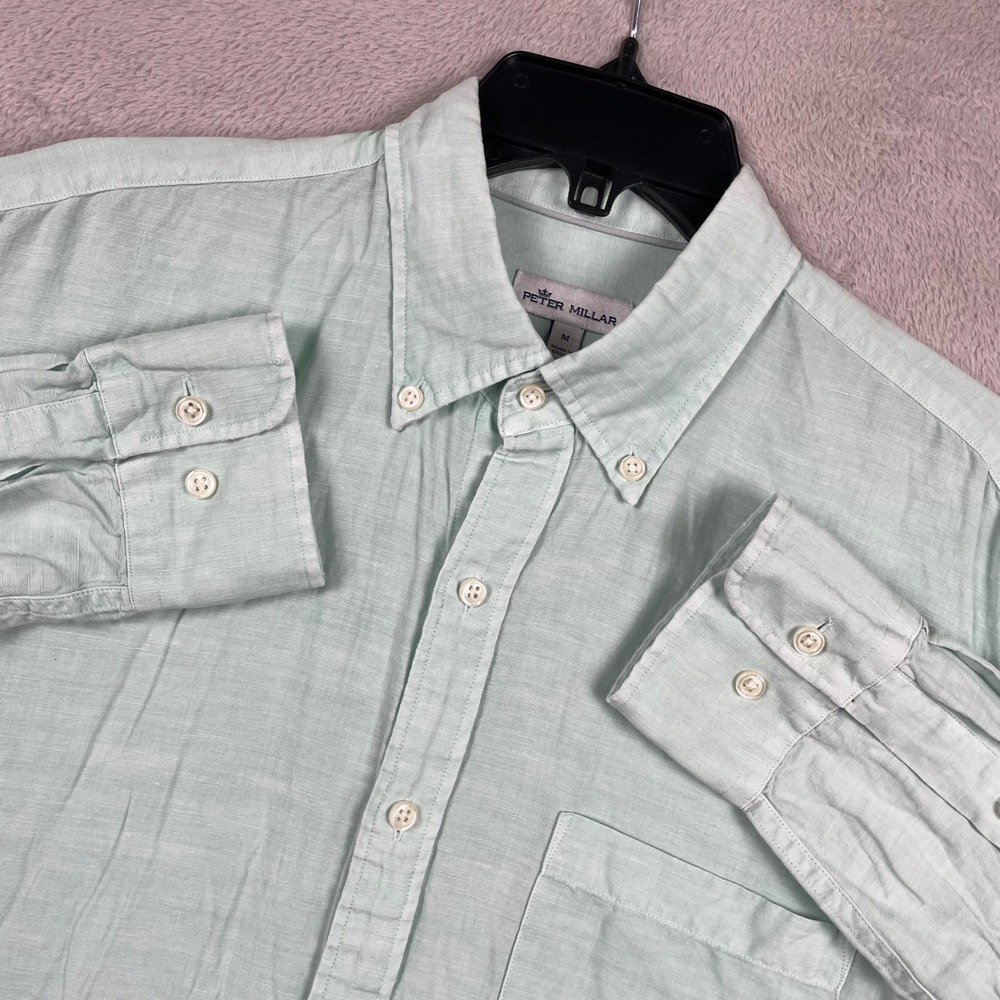 Peter Millar Shirt Mens Medium Green Silk Linen Blend Button Down Pocket Preppy